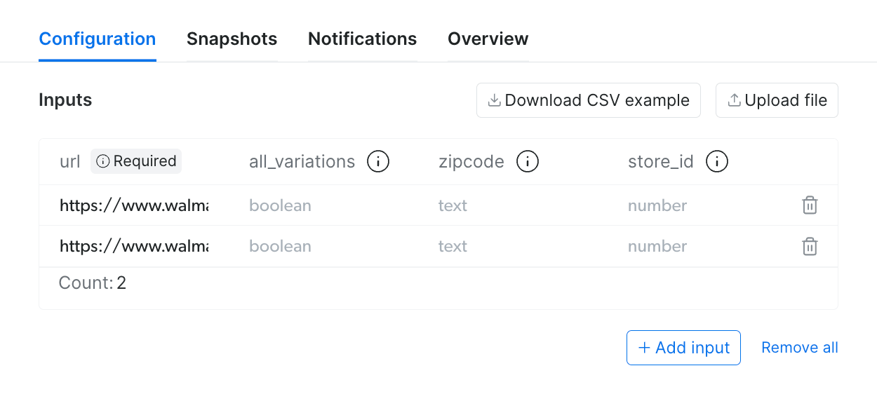 Bright Data control panel input form for the Walmart products scraper, with columns url, all_variations, zipcode, and store_id, and 2 rows of Walmart product URLs
