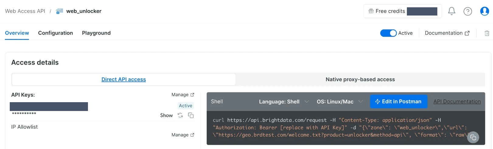 Web Unlocker zone Overview tab with the Direct API access panel, API key field, and a ready-to-run curl request.