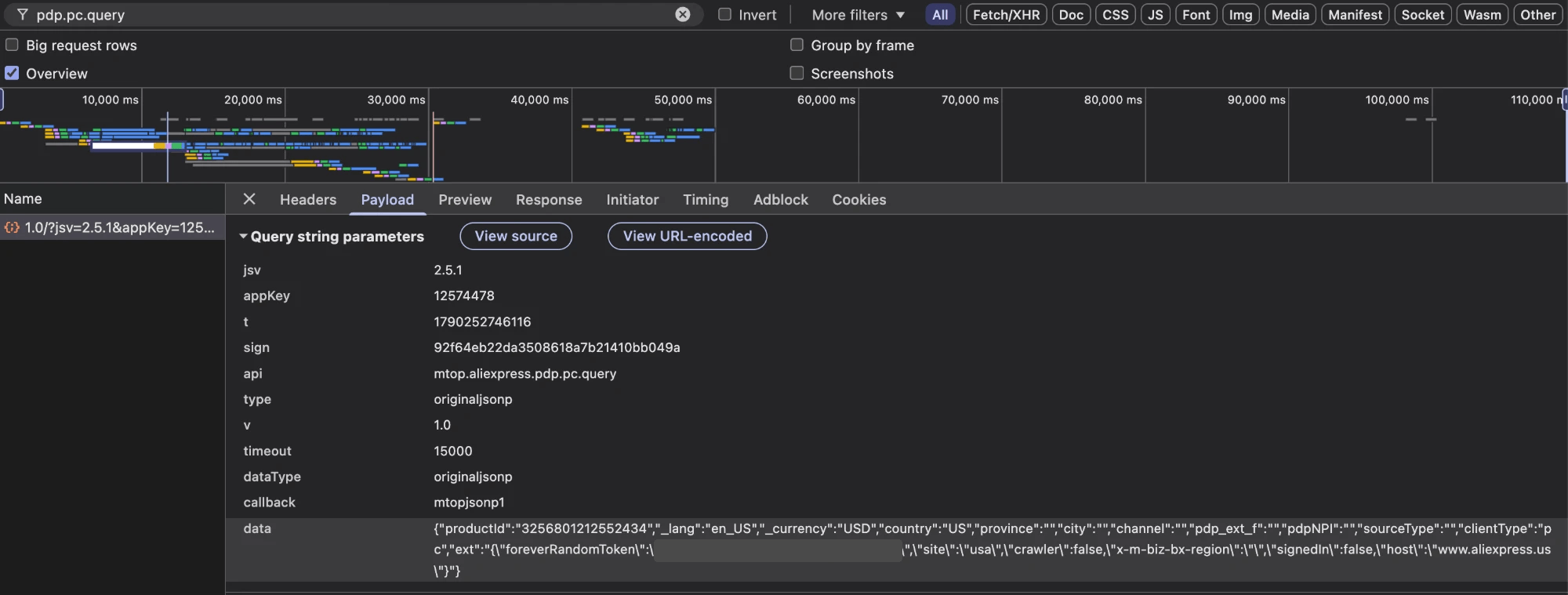 Chrome DevTools Network panel filtered to pdp.pc.query, on the Payload tab of a request to mtop.aliexpress.pdp.pc.query, listing jsv 2.5.1, appKey 12574478, a 13-digit t, a 32-character sign, type and dataType originaljsonp, timeout 15000, callback mtopjsonp1, and a data object with productId 3256801212552434 and an ext block, with one token value redacted