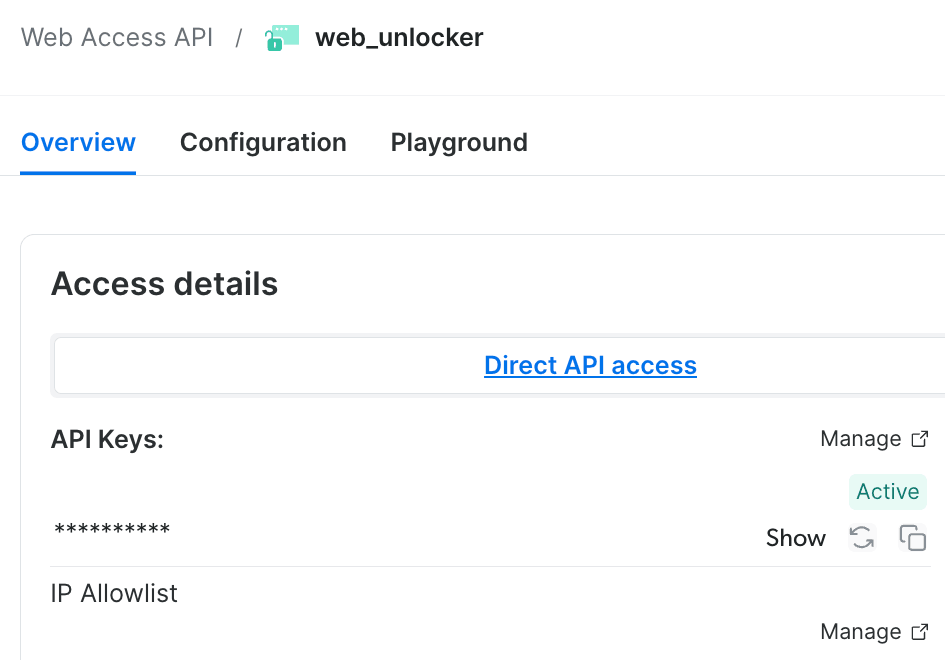 Bright Data Control Panel Overview tab for a Web Unlocker API zone named web_unlocker, with Direct API access selected and an API Keys entry that shows a masked key with Show and copy buttons.