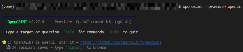The CLI when you run OpenOSINT for the first time