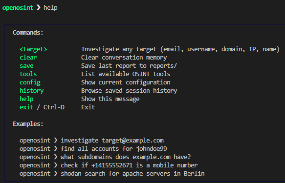 OpenOSINT’s help function