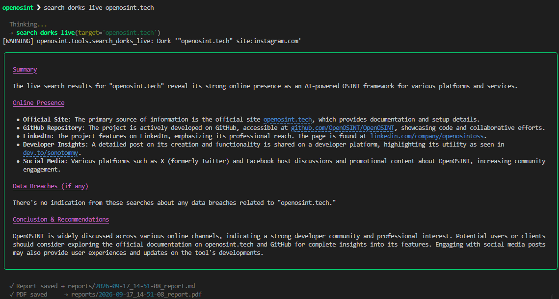 The results of using OpenOSINT with Bright Data via REPL