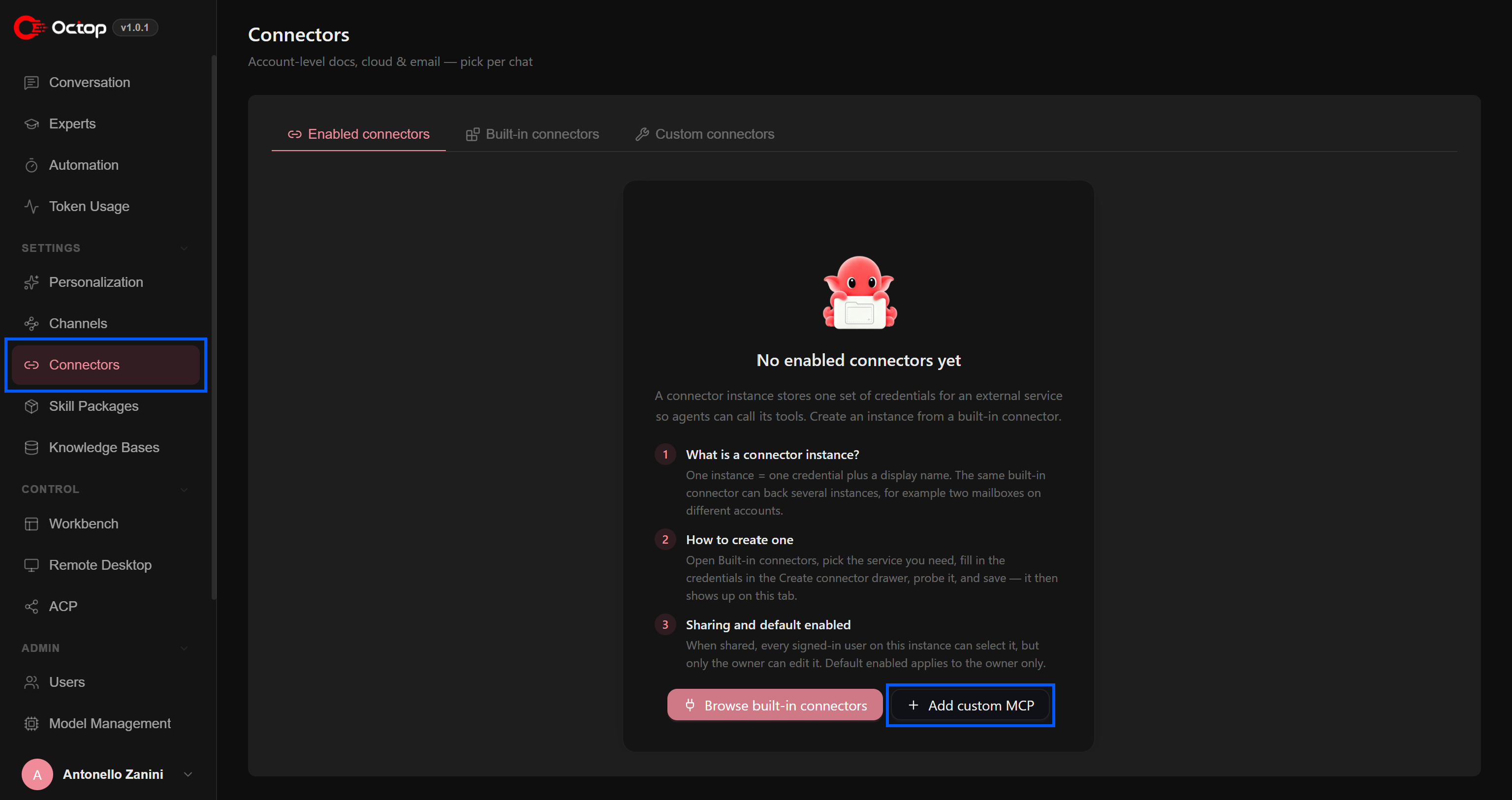 Pressing the “Add custom MCP” button