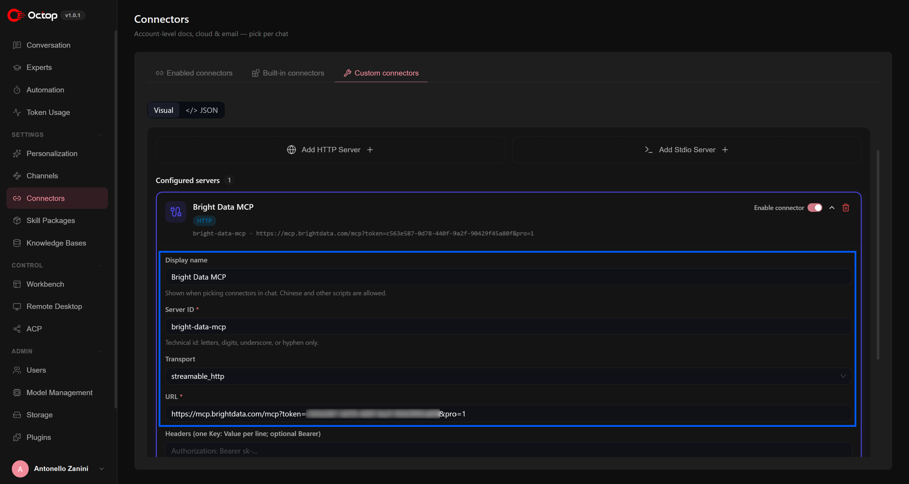 Setting up a connection to the Bright Data MCP server via Strreamable HTTP