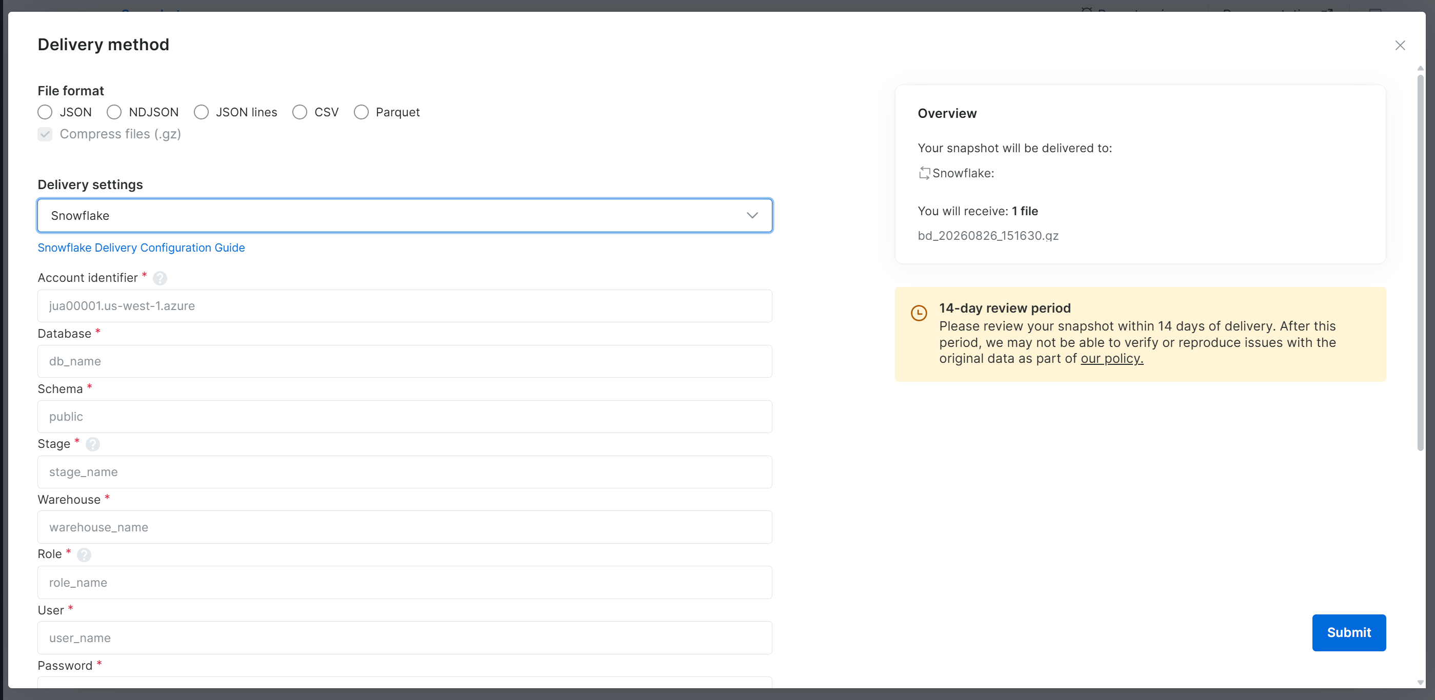 Configuring the Snowflake delivery settings