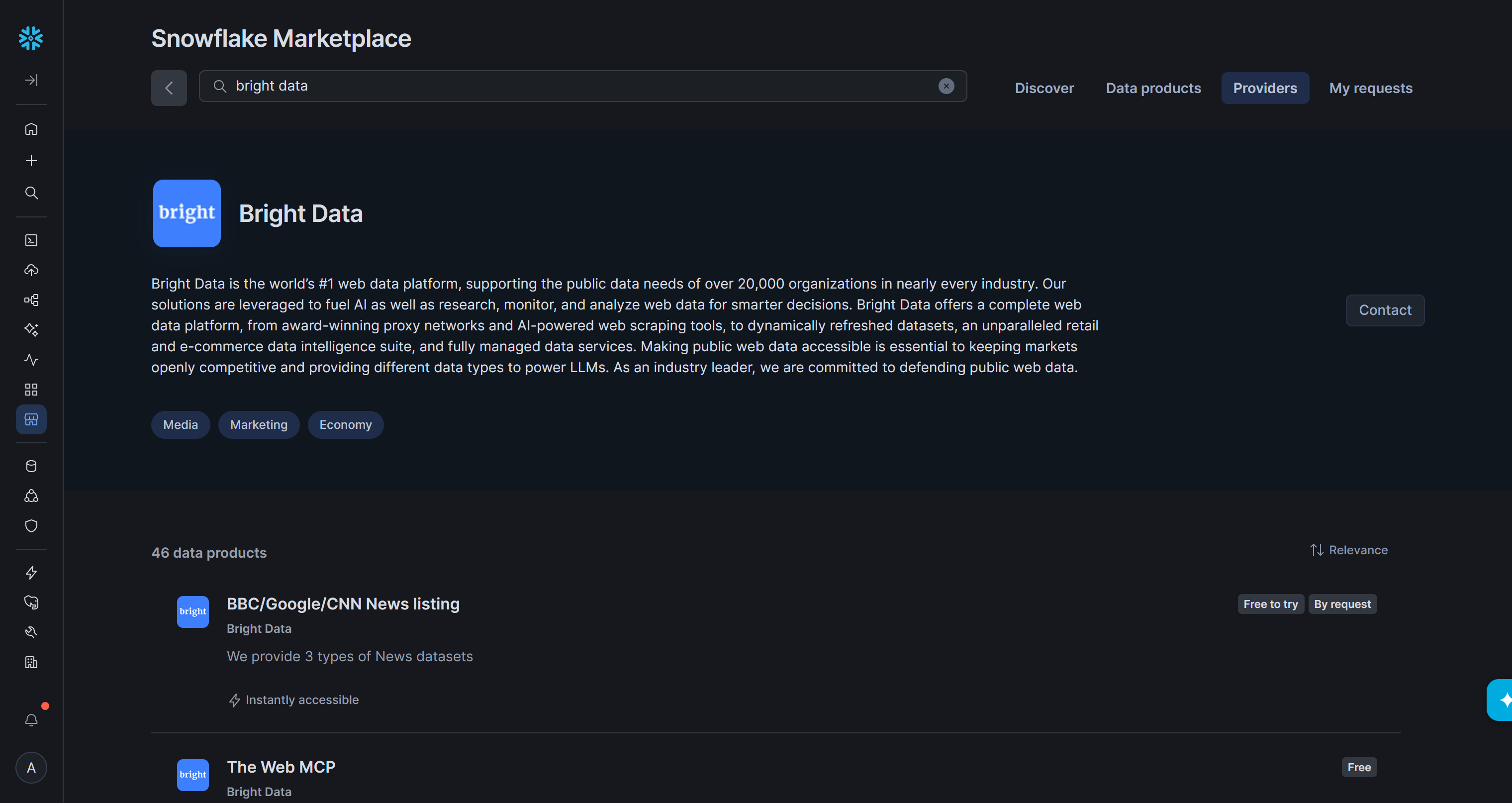 The Bright Data page on the Snowflake Marketplace