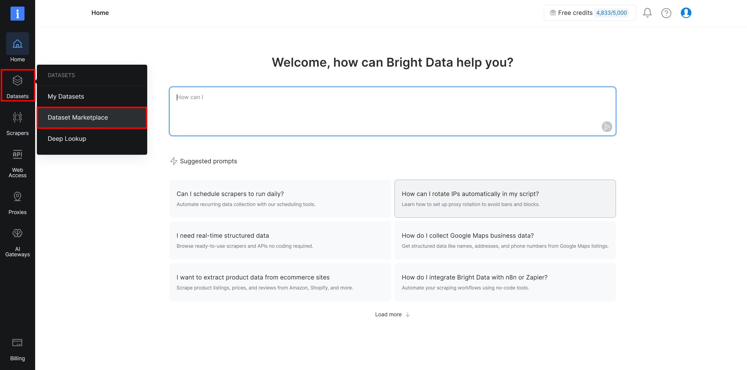 Selecting the “Datasets > Dataset Marketplace” option