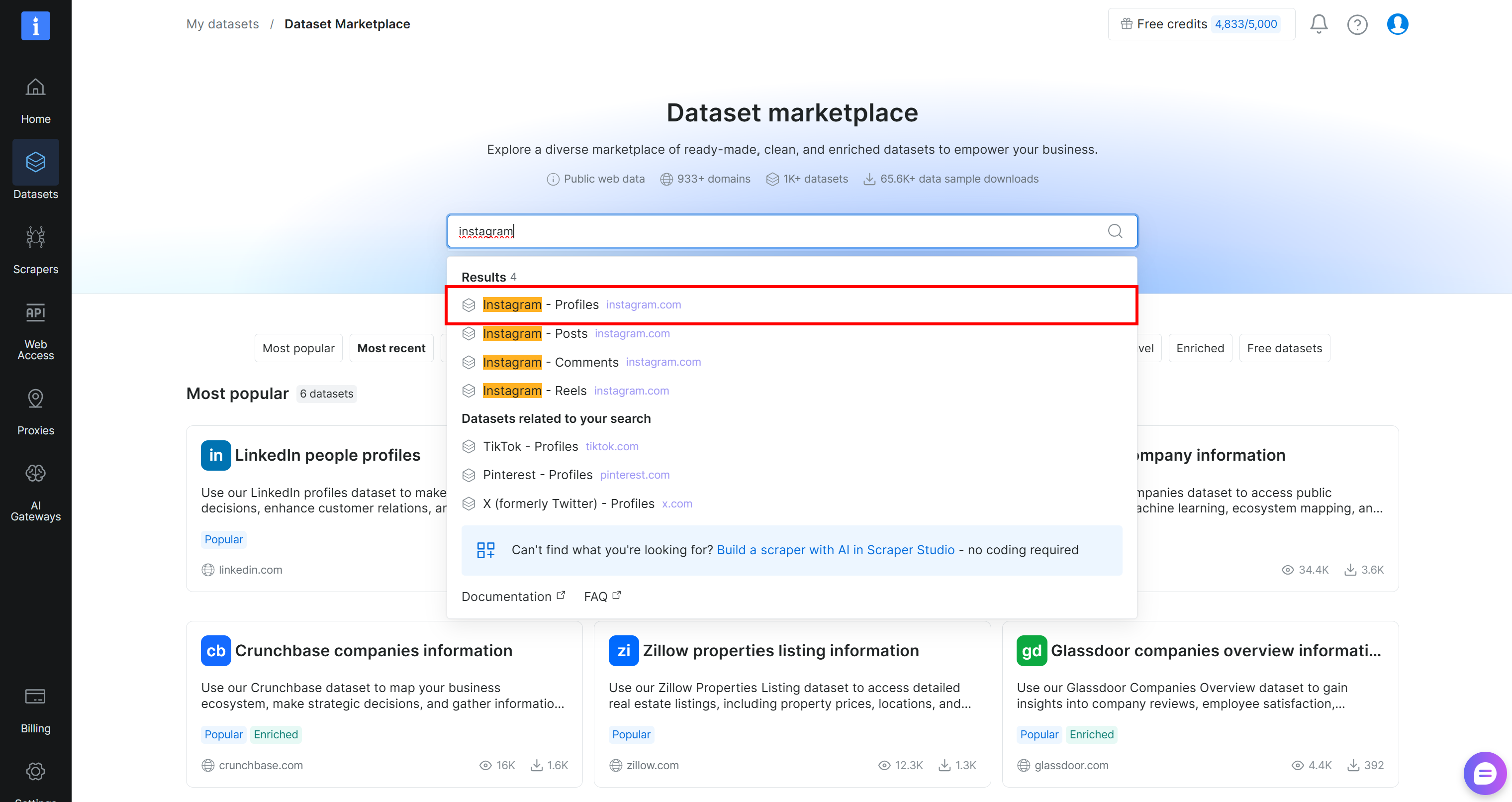 Selecting the “Instagram - Profiles” dataset