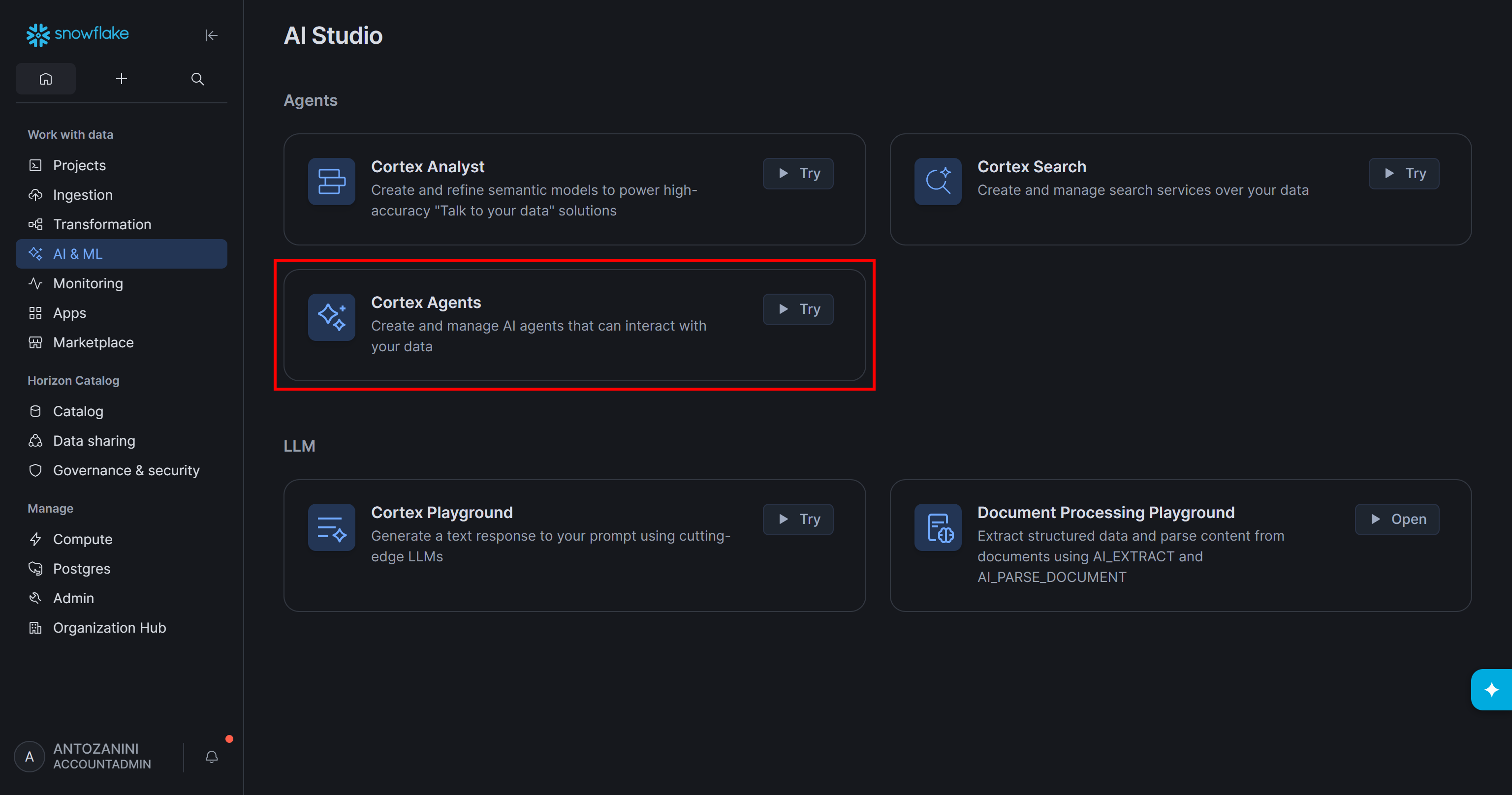 Selecting the “Cortex Agents” option