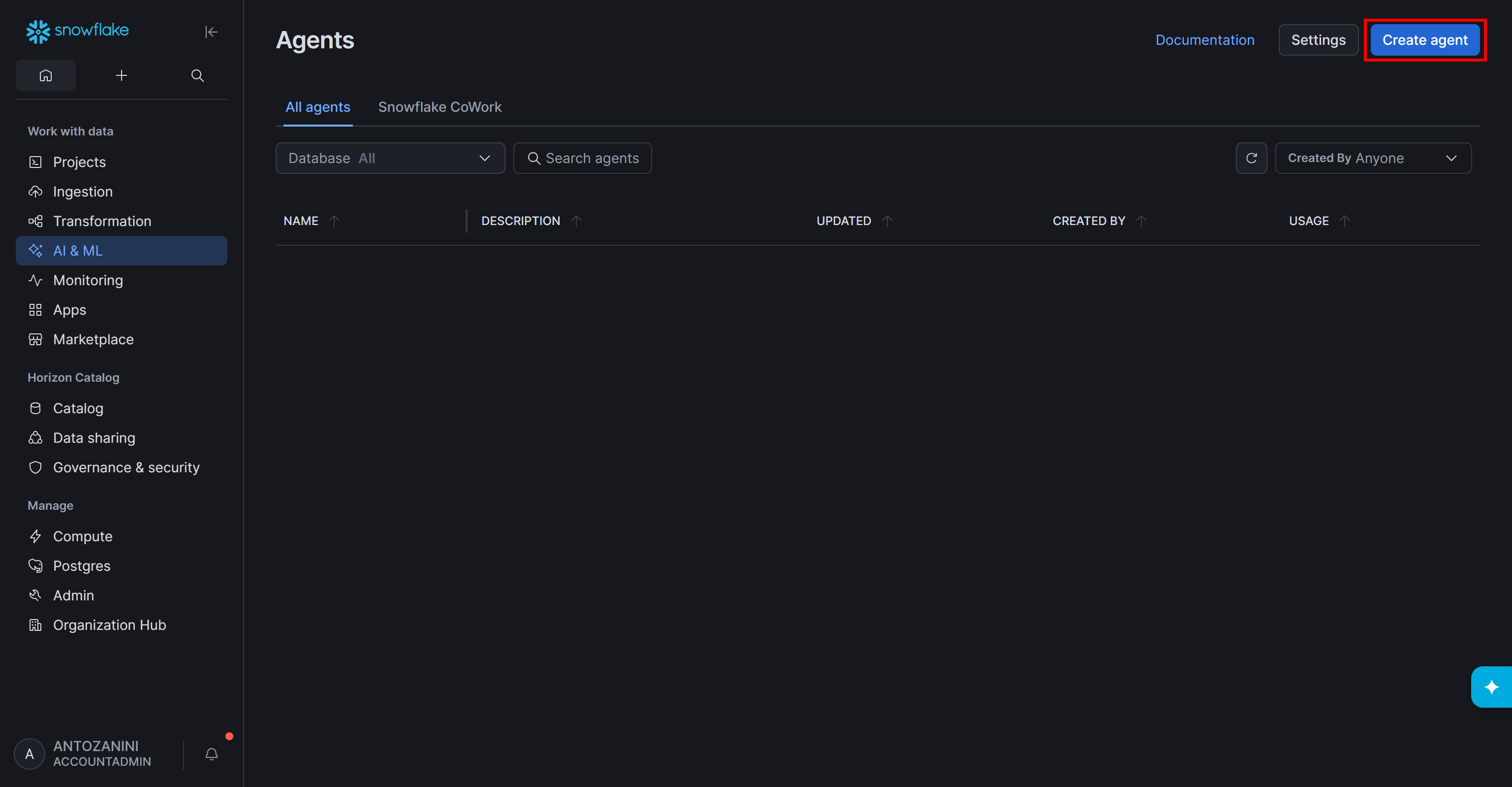 Pressing the “Create agent” button
