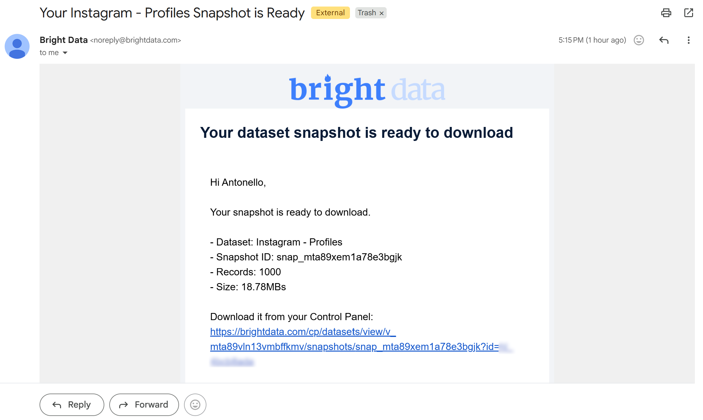 The email announcing that the dataset snapshot is ready