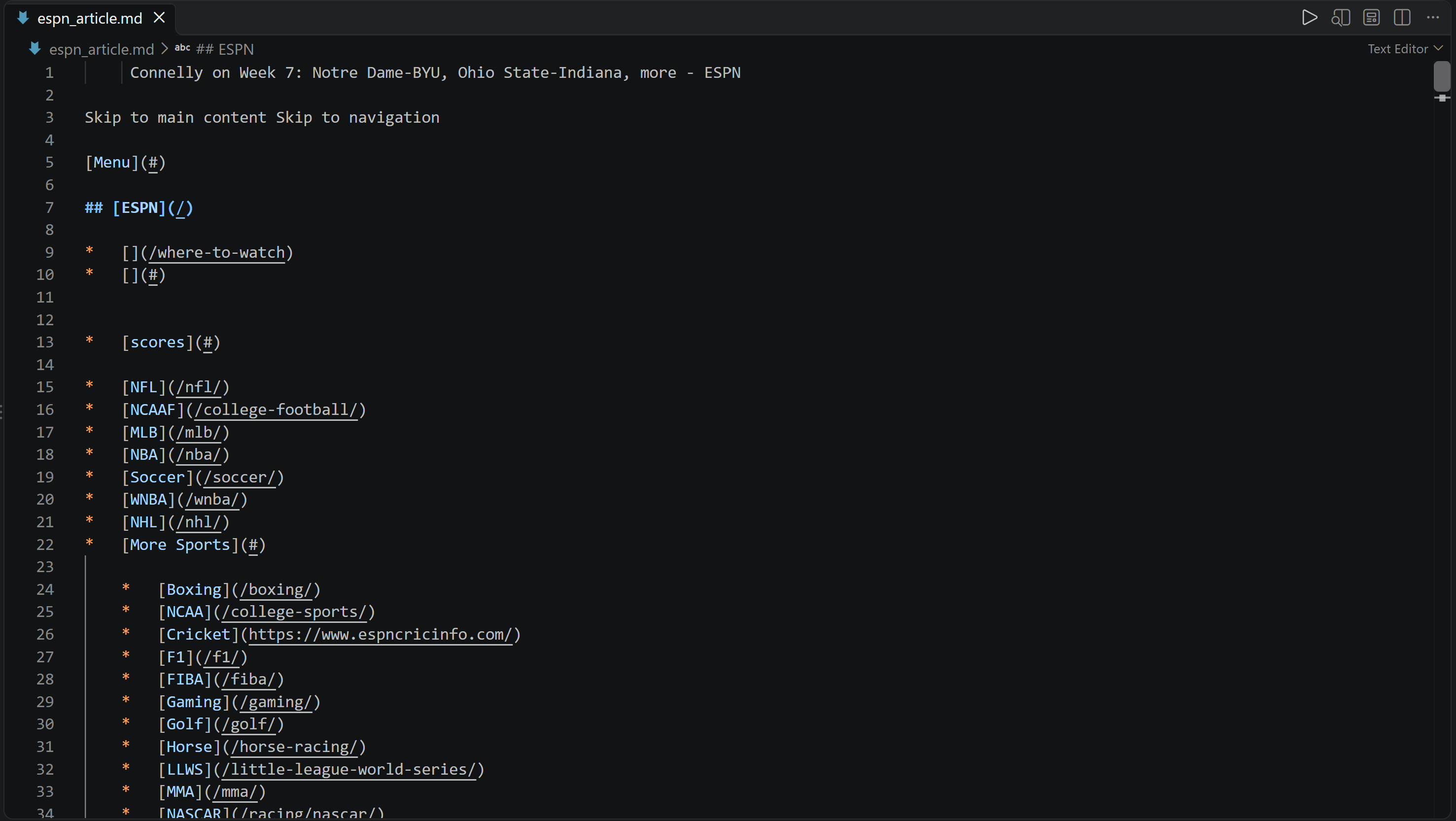 Le fichier « espn_article.md » produit par le CLI Bright Data