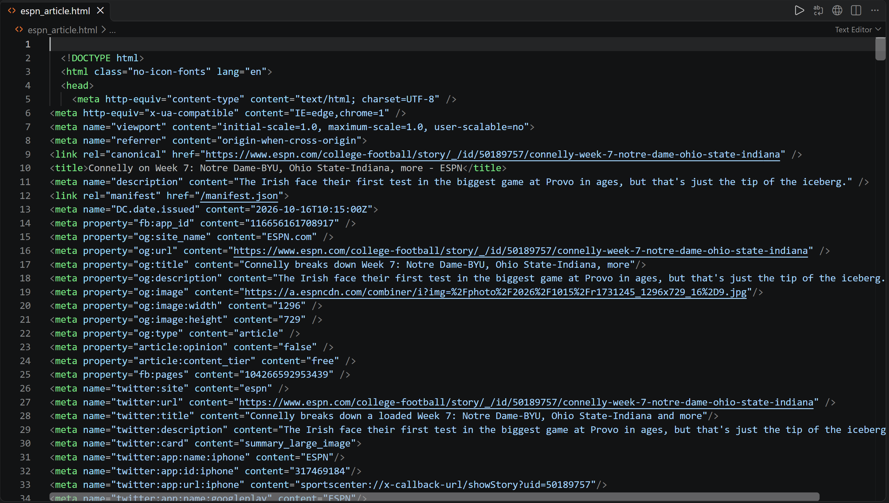 Le fichier « espn_article.html » produit par le script SDK Python Bright Data
