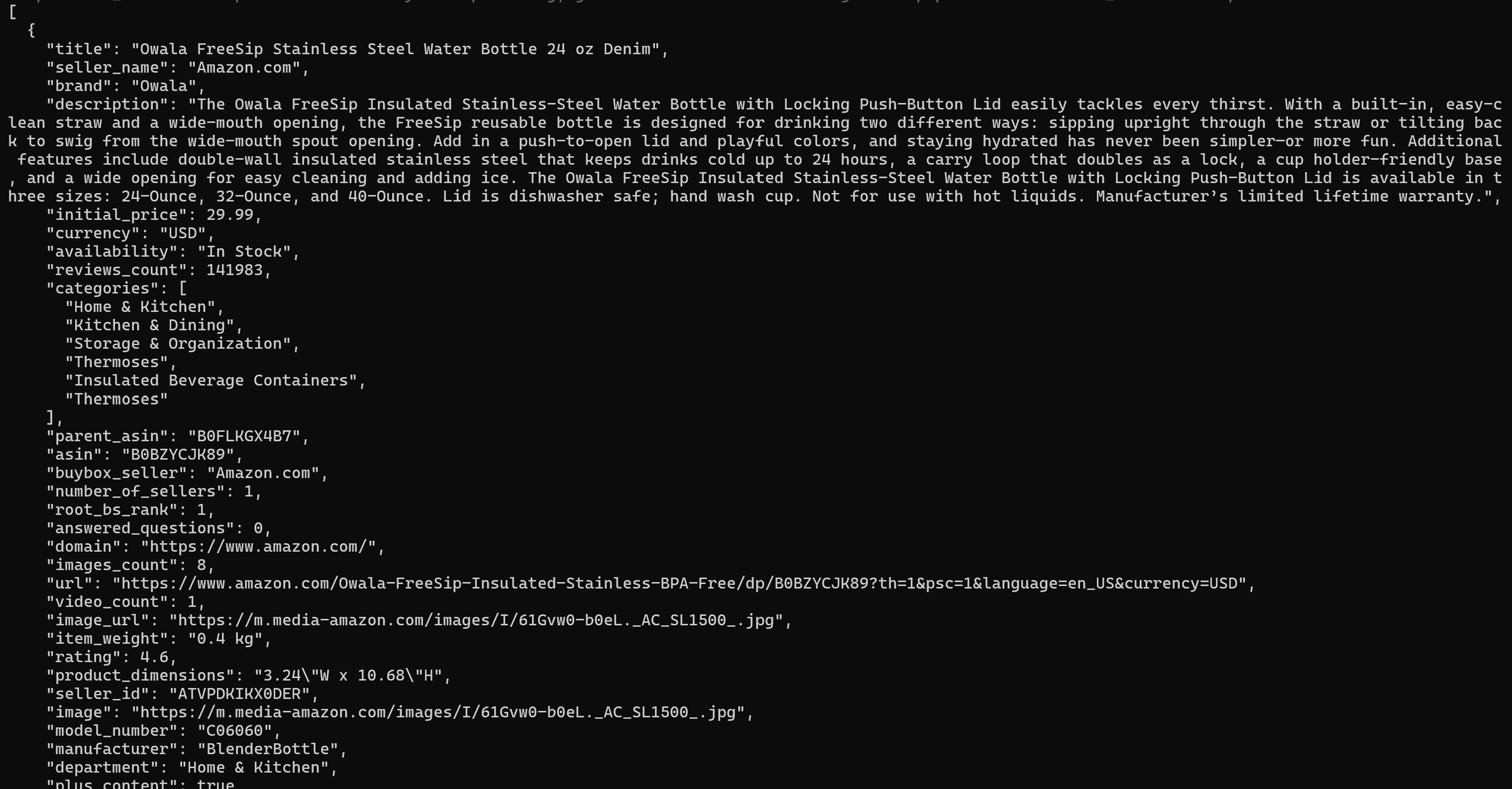 La sortie produite par le CLI Bright Data lors du scraping des données de produit Amazon