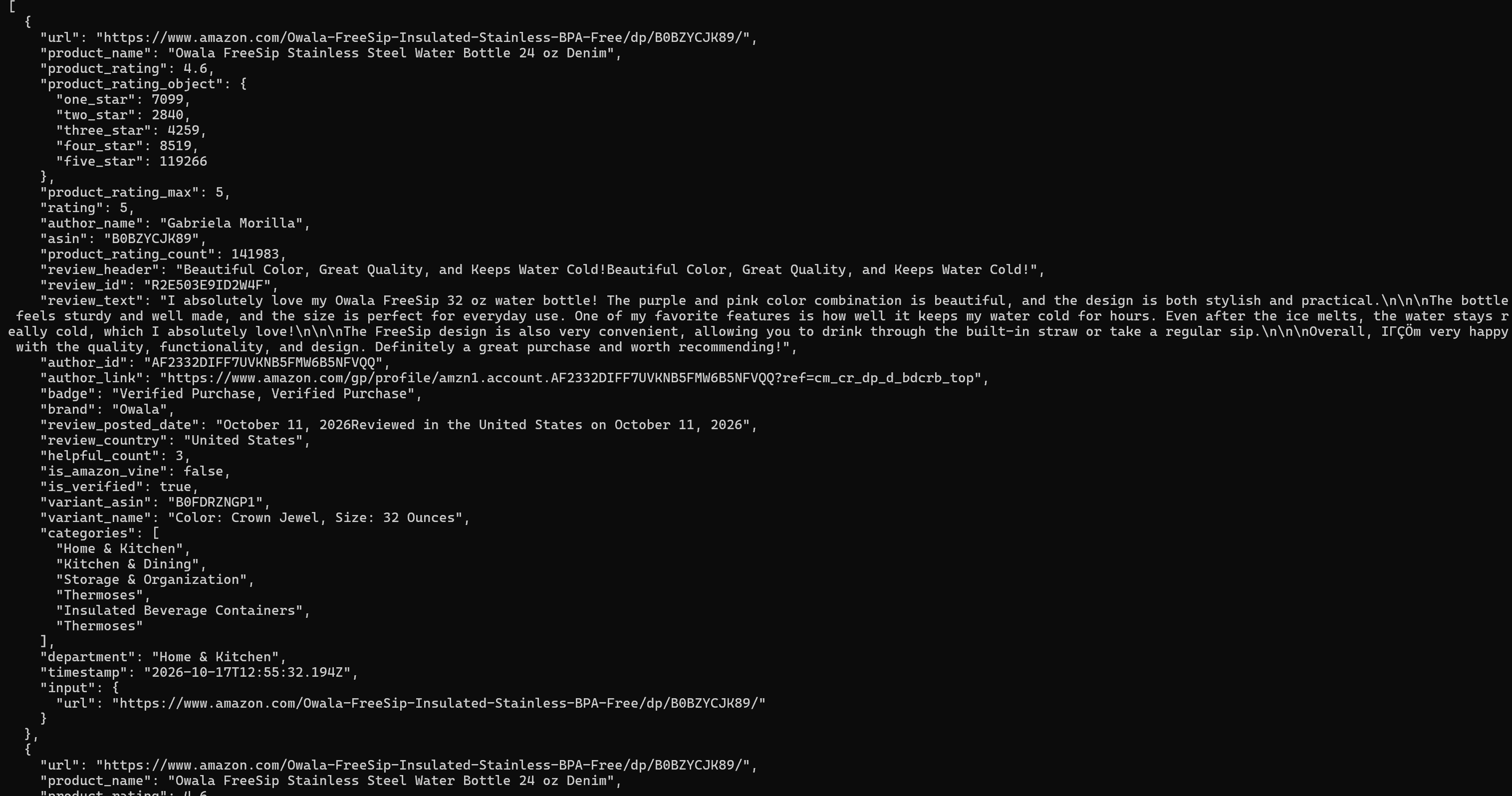 La sortie produite par le CLI Bright Data lors du scraping des avis de produit Amazon