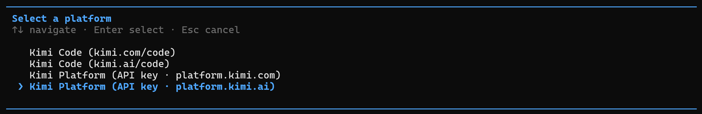 Selecting the Kimi authentication method