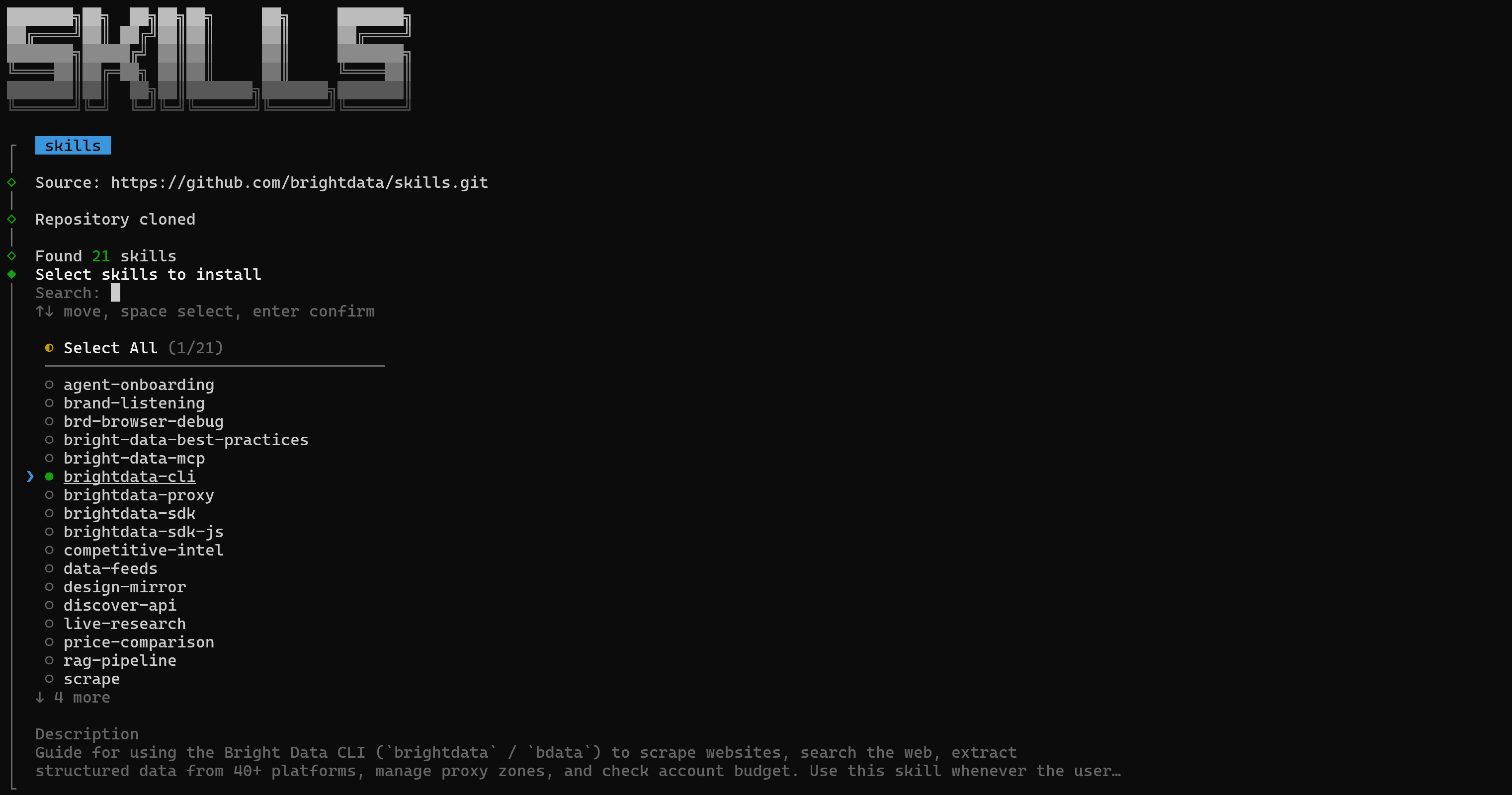 Selecting the “brightdata-cli” skill to install