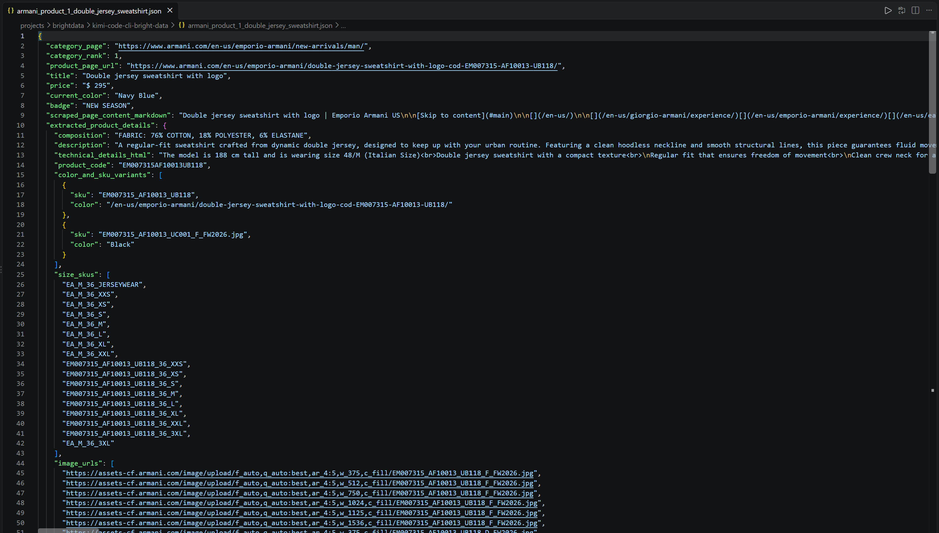 The specific JSON output produced by the agent for a product