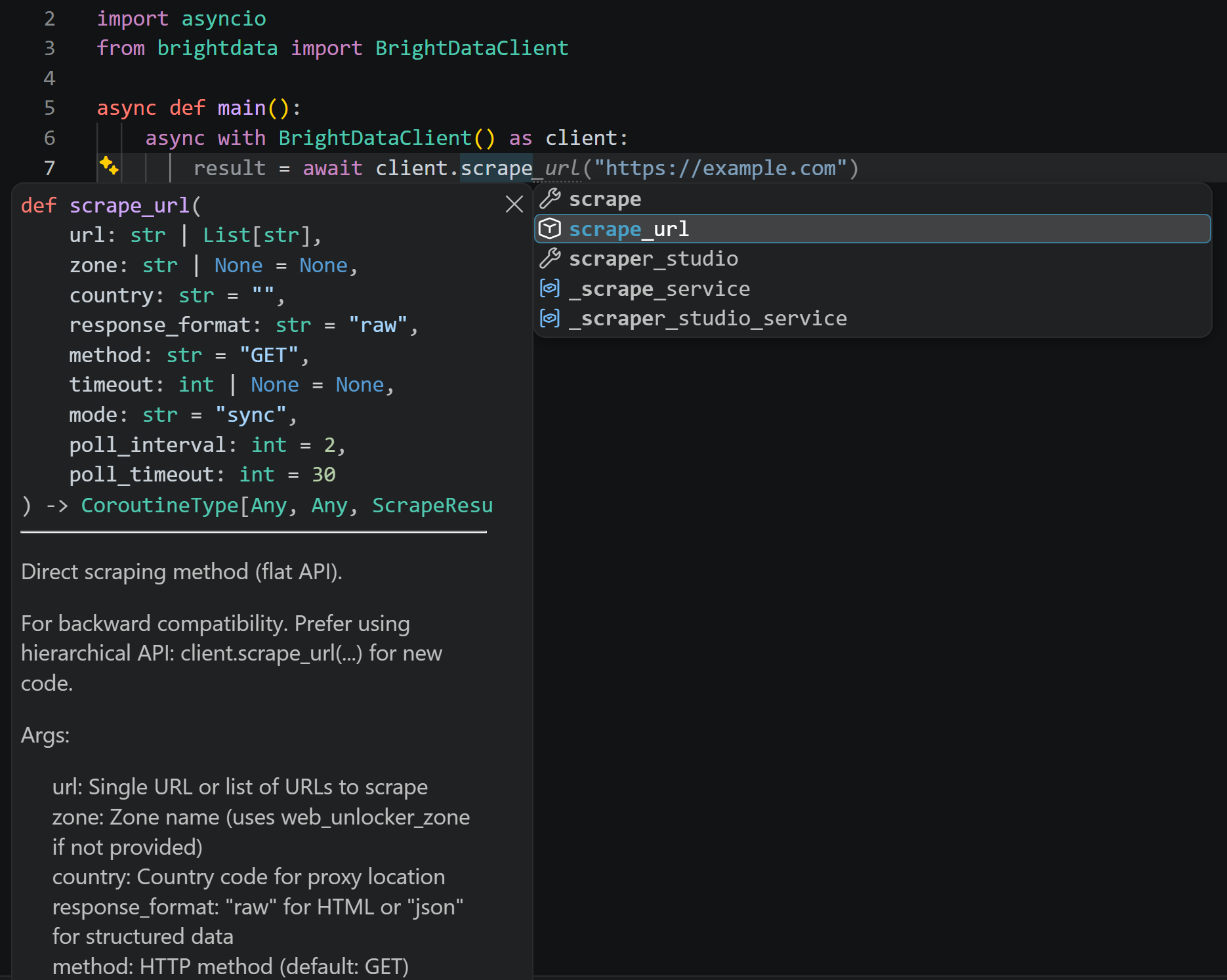 Note the IDE autocompletion, usage suggestions, and method documentation