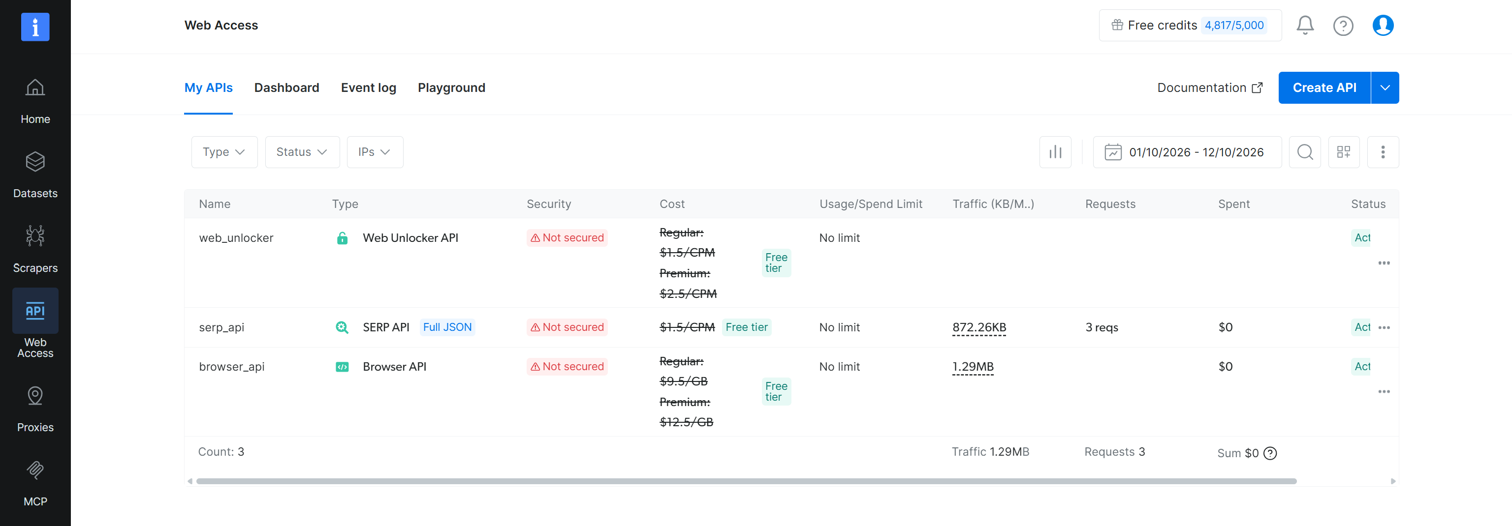 The Bright Data APIs configured in your account
