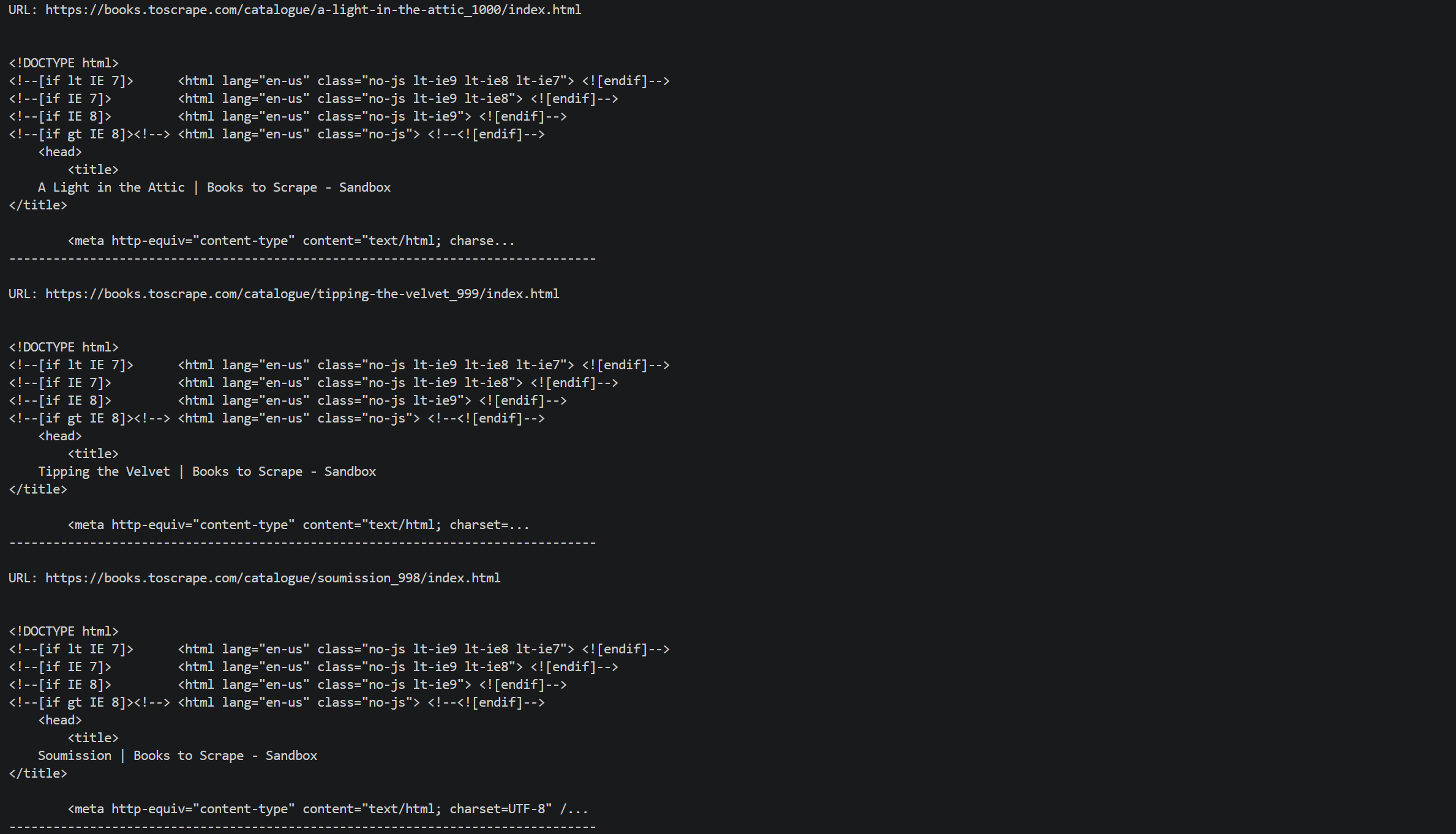 Note the three different HTML pages scraped
