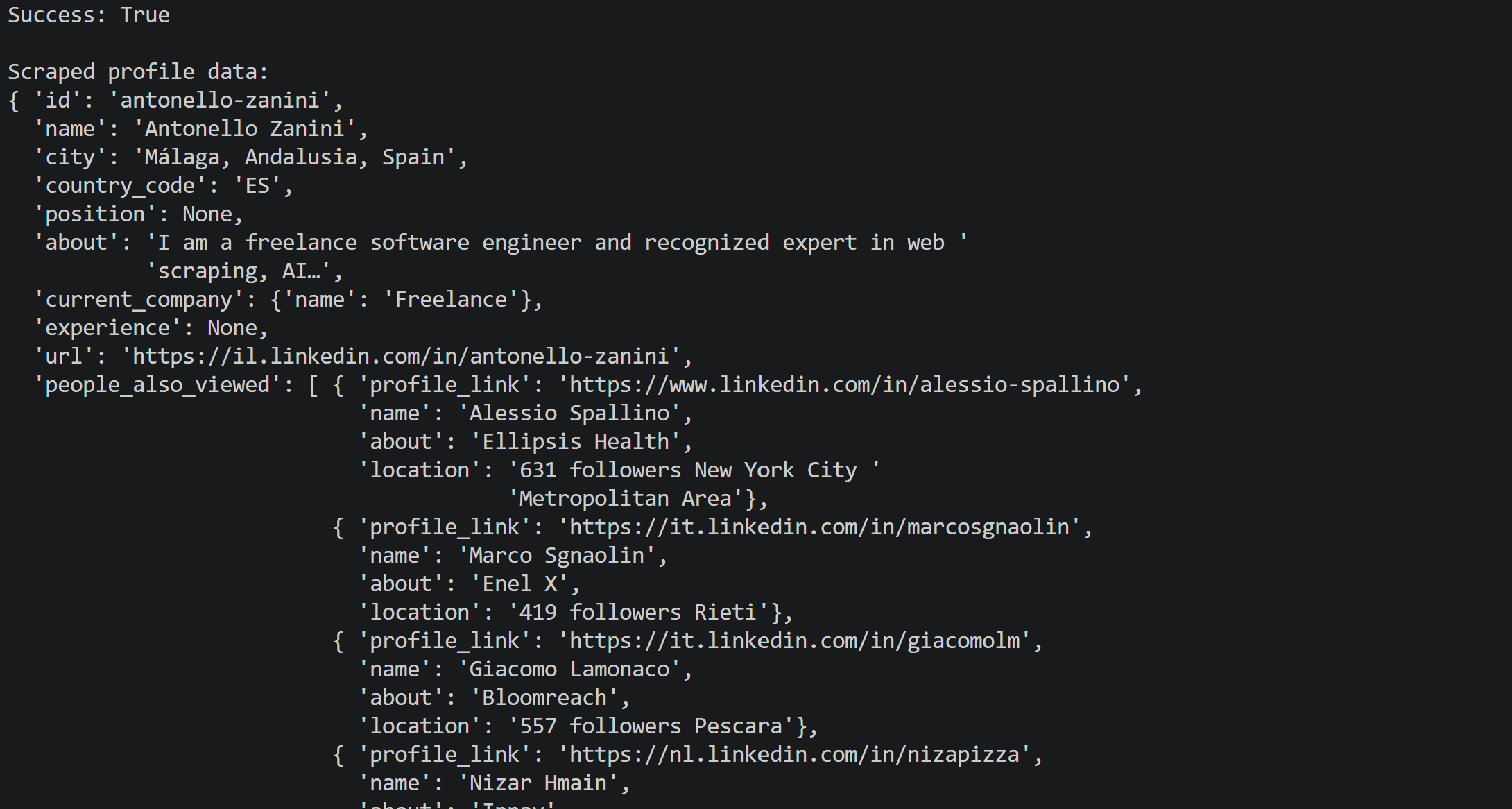 The structured LinkedIn profile data returned by the script
