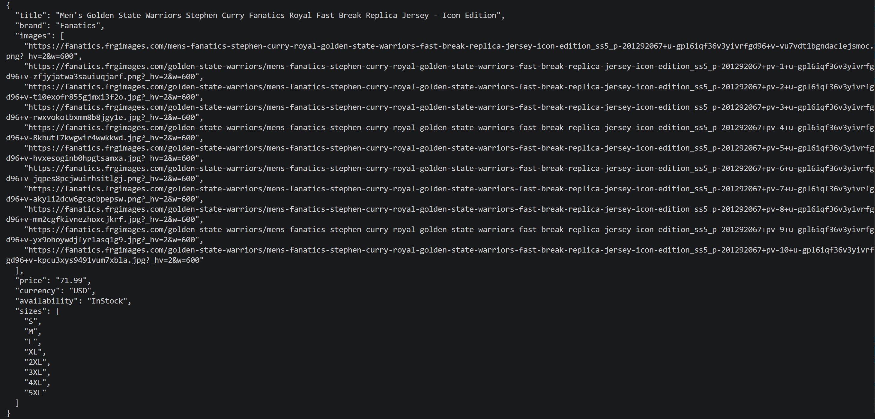 The data parsed from the unblocked NBA product page